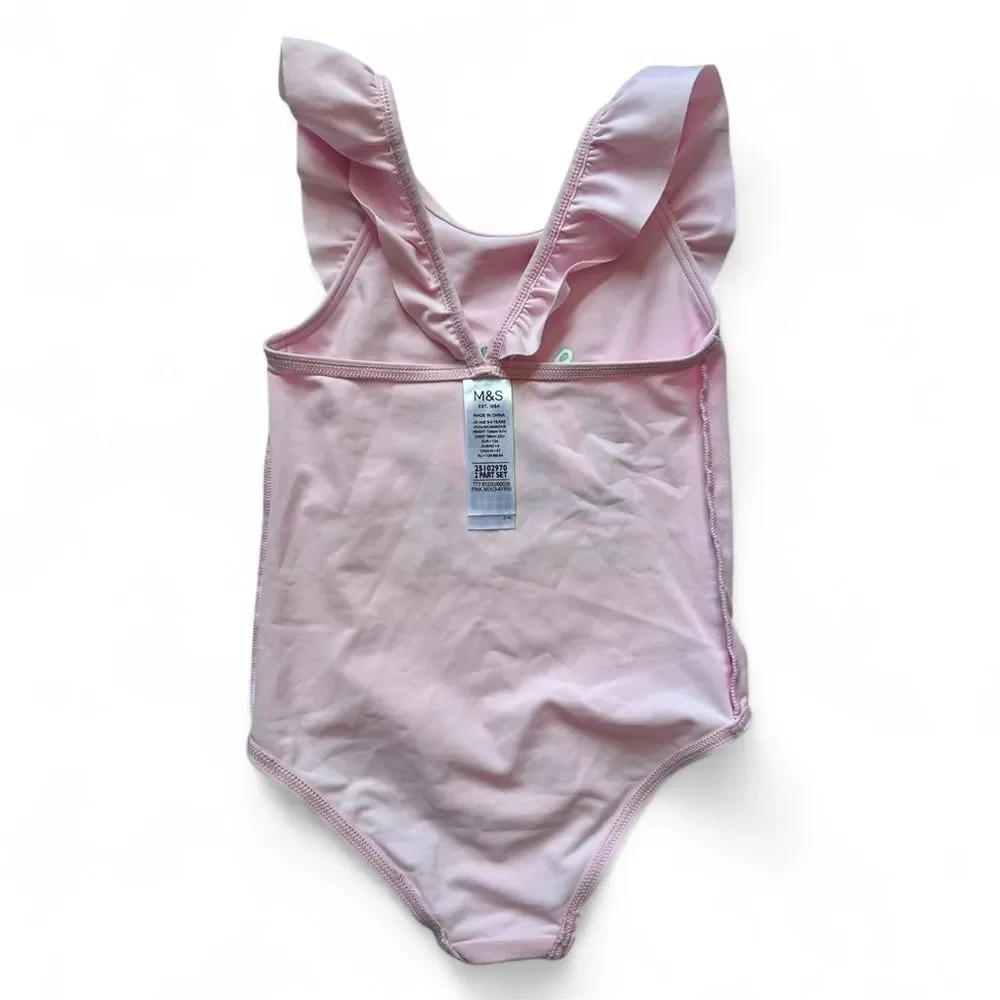 M&S Pink Rainbow One Piece Swimsuit 4T Ruffle Strap Graphic Beach Pool